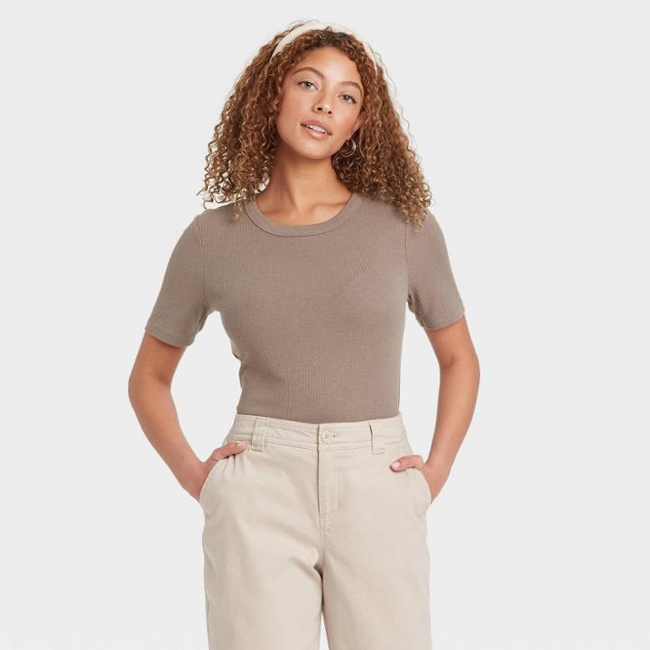 Women's Short Sleeve Ribbed T-shirt - A New Day Brown