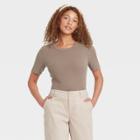 Women's Short Sleeve Ribbed T-shirt - A New Day Brown