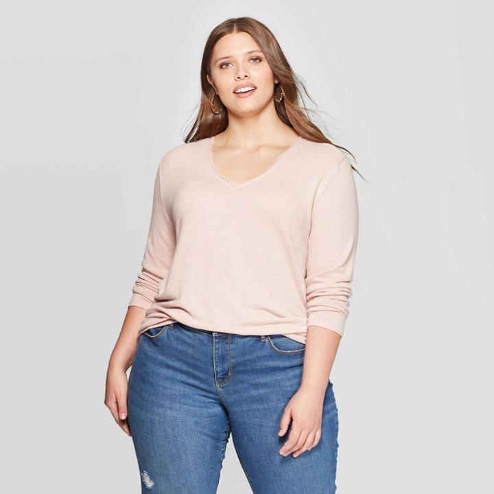 Women's Plus Size Long Sleeve V-neck Lace Trim Top - Ava & Viv Blush X, Women's