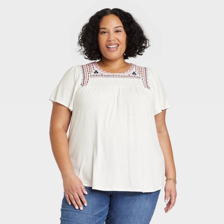 Women's Plus Size Flutter Short Sleeve Embroidered T-shirt - Knox Rose White
