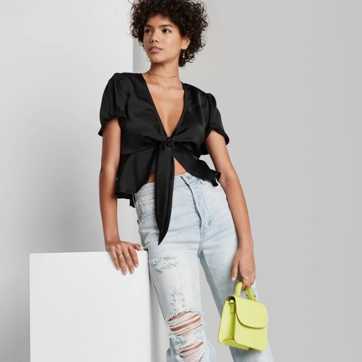 Women's Cropped Short Sleeve Tie-front Flutter Top - Wild Fable Black