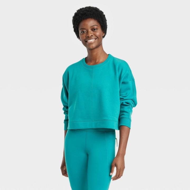 Women's Cotton Fleece Crewneck Cropped Sweatshirt - All In Motion Turquoise Green