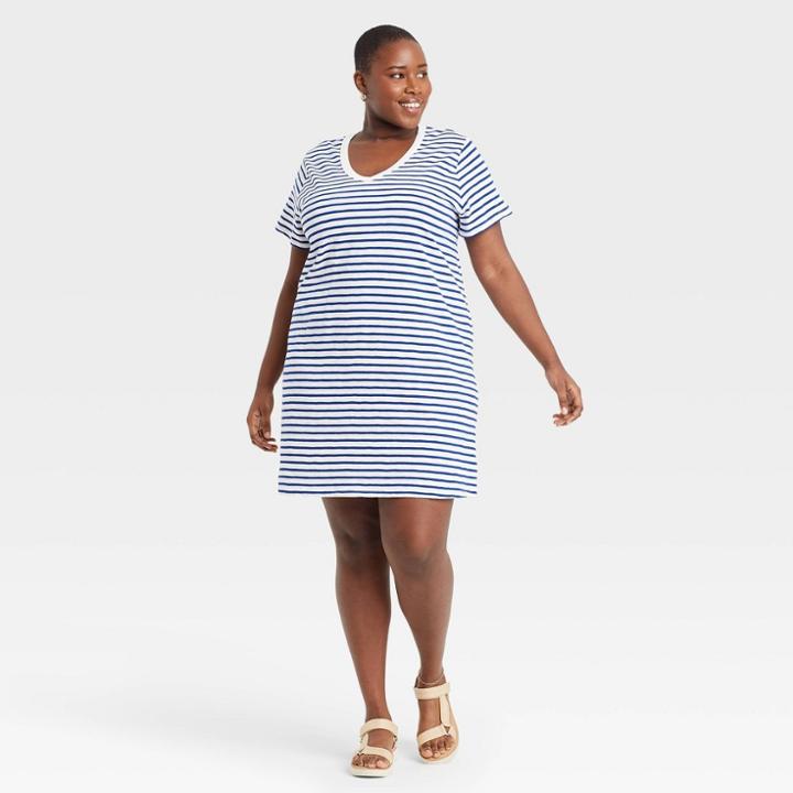 Women's Plus Size Striped Short Sleeve T-shirt Dress - Universal Thread Navy
