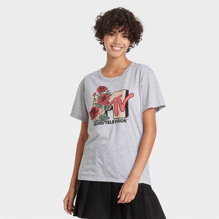 Women's Mtv Floral Print Short Sleeve Graphic T-shirt - Gray