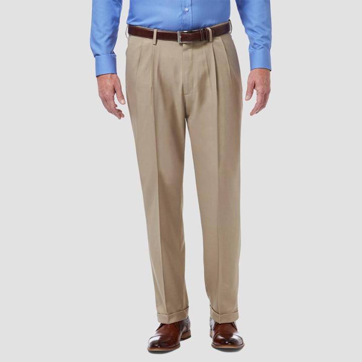 Haggar Men's Premium Comfort 4-way Stretch Classic Pleated Dress Pants - Medium Khaki 36x34,