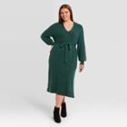 Women's Plus Size Long Sleeve Belted Midi Sweater Dress - Ava & Viv Black X