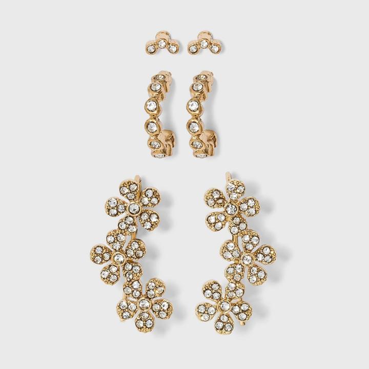 Crystal Glass Stud Small Hoop Earring Set 3pc - A New Day Gold