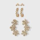 Crystal Glass Stud Small Hoop Earring Set 3pc - A New Day Gold
