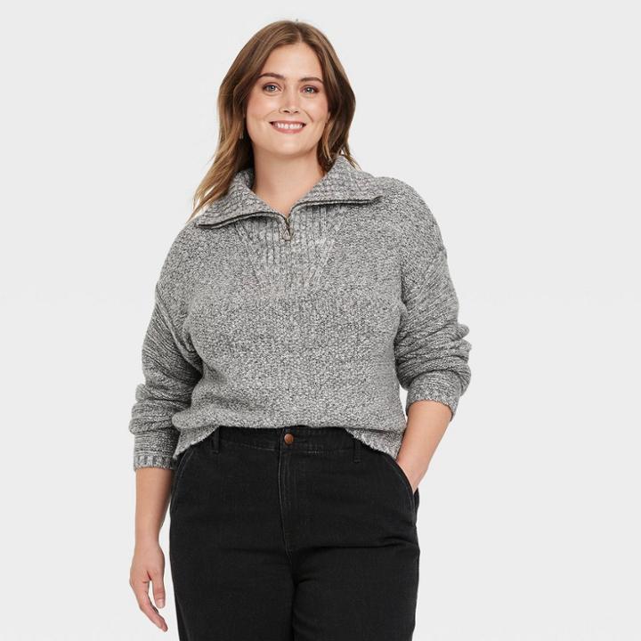 Women's Plus Size Mock Turtleneck Quarter Zip Pullover Sweater - Universal Thread Gray