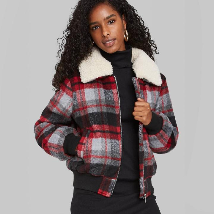 Women's Plaid Bomber Jacket - Wild Fable Black