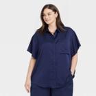 Women's Plus Size Short Sleeve Satin Button-down Shirt - A New Day Navy Blue