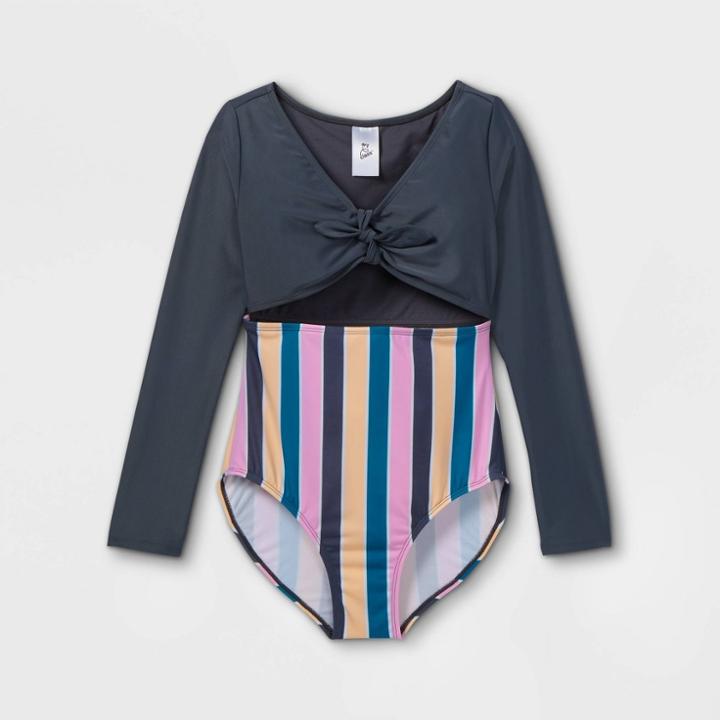 Girls' Seaside Striped Long Sleeve One Piece Swimsuit - Art Class