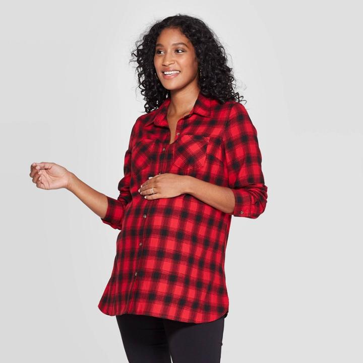 Maternity Plaid Elbow Sleeve Flannel Tunic - Isabel Maternity By Ingrid & Isabel Red