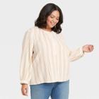 Women's Plus Size Striped Long Sleeve Half Placket Blouse - Universal Thread Cream