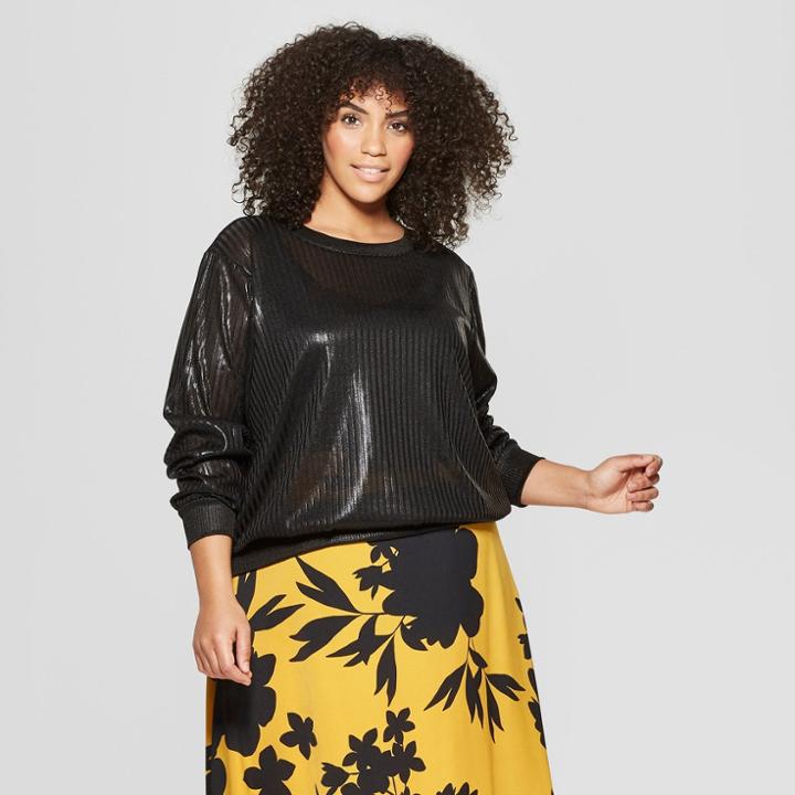 Women's Plus Size Long Sleeve Metallic Pullover - Who What Wear Black