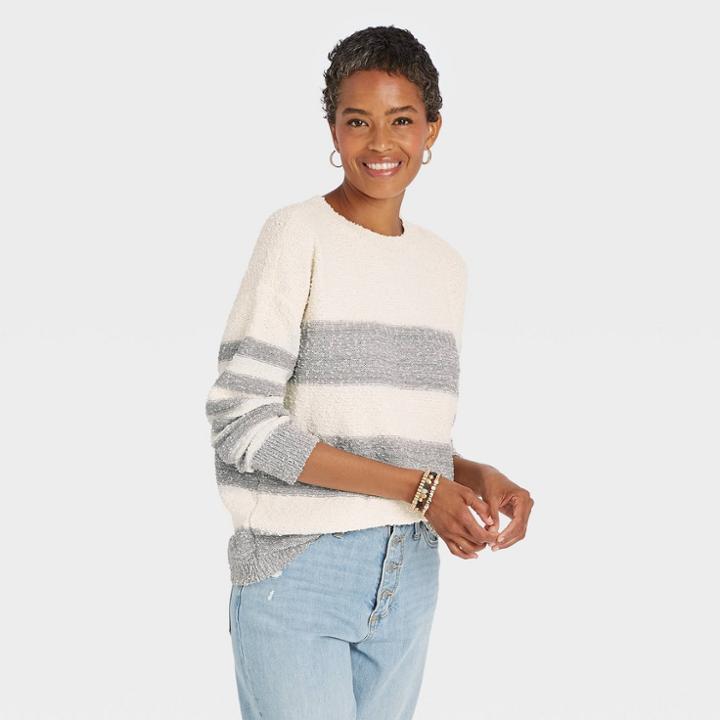 Women's Striped Crewneck Pullover Sweater - Knox Rose Gray