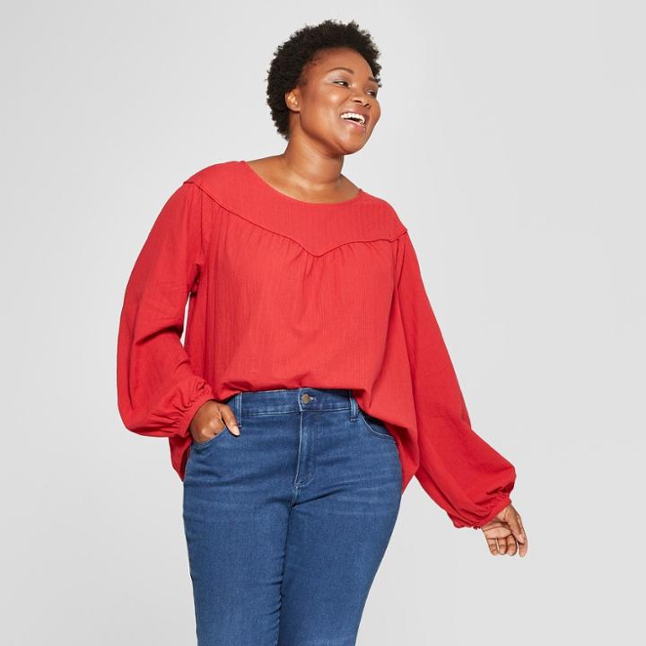 Women's Plus Size Long Sleeve Yoke Detail Blouse - Universal Thread Red