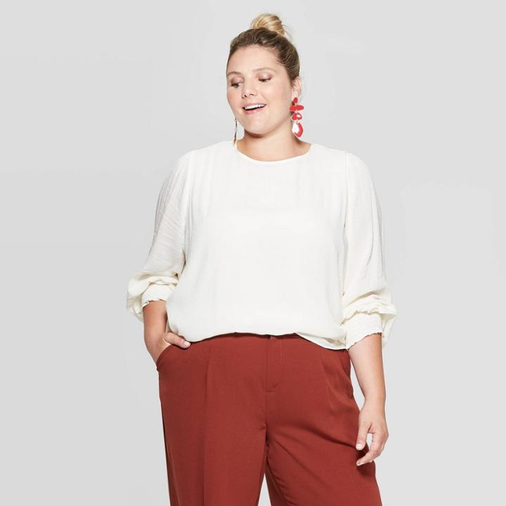 Women's Plus Size Long Sleeve Crewneck Smocked Top - Ava & Viv Ivory X