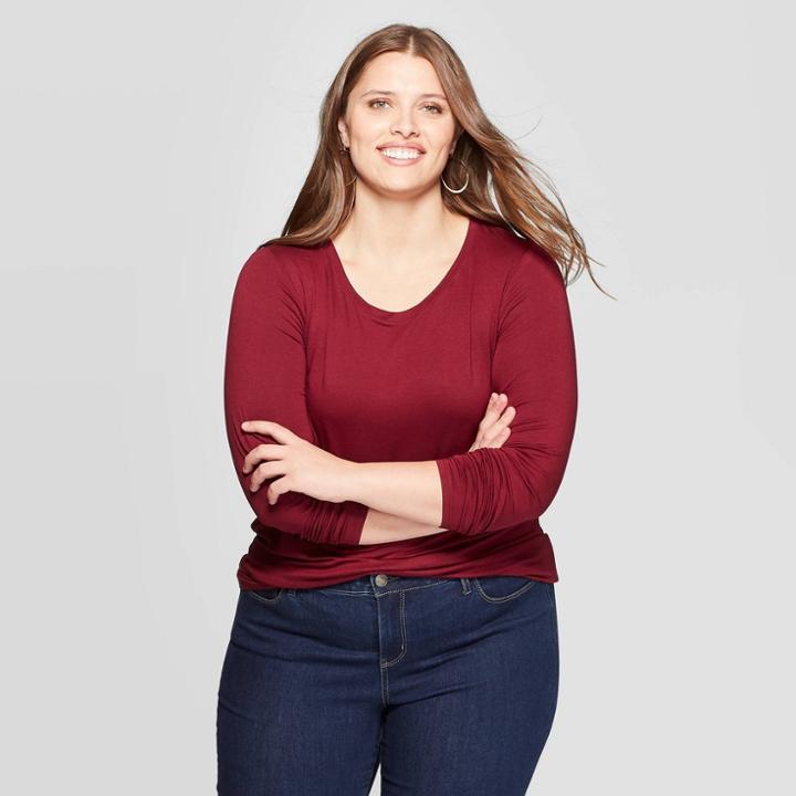 Women's Plus Size Long Sleeve Crewneck T-shirt - Ava & Viv Burgundy 1x,