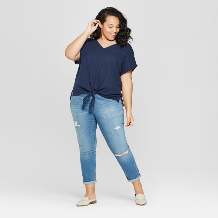 Women's Plus Size Short Sleeve V-neck Knit To Woven Tie Front - Universal Thread Navy (blue)