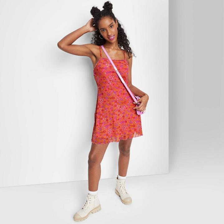 Women's Sleeveless Mesh Seamed Skater Dress - Wild Fable Pink Floral