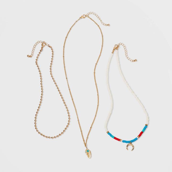 Girls' 3pk Layered Beaded Feather Necklace Set - Art Class