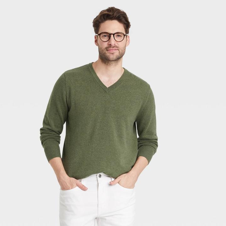 Men's Regular Fit V-neck Pullover Sweater - Goodfellow & Co Olive Heather
