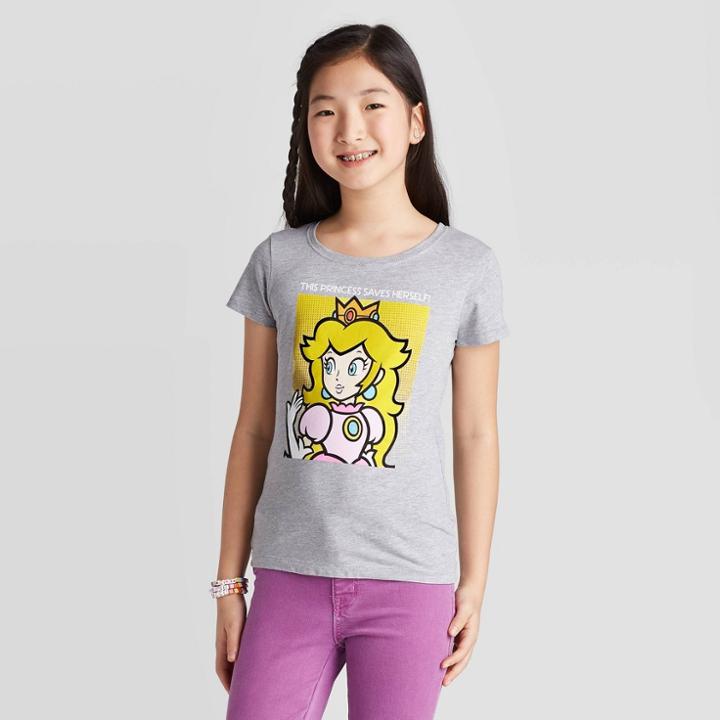 Nintendo Girls' Rainbow Crew T-shirt - Gray, Girl's,
