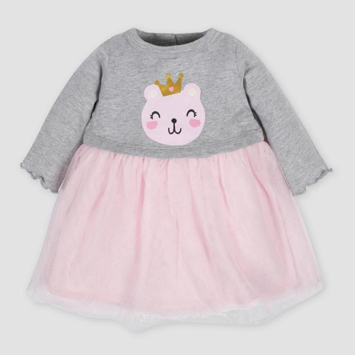 Gerber Baby Girls' Bear Tulle Dress - Gray/pink 0-3m, Girl's, Pink Gray