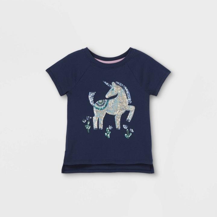 Toddler Girls' Sequin Unicorn Short Sleeve T-shirt - Cat & Jack Navy