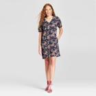 Women's Floral V-neck Ruffle Sleeve Shift Dress - K By Kersh Navy
