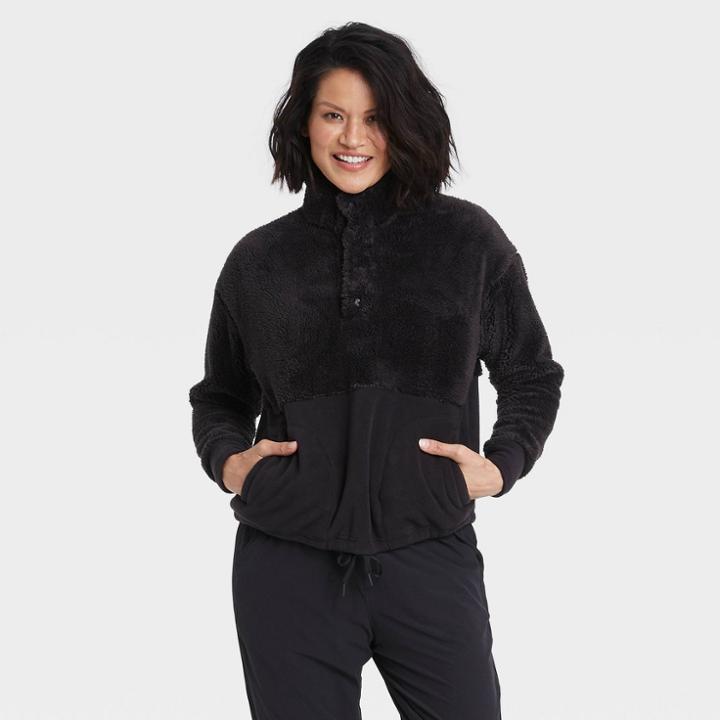 Women's Snap Front Cozy Sherpa Pullover Sweatshirt - All In Motion Black