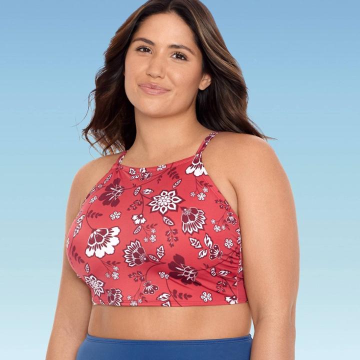 Women's Plus Size Slimming Control High Neck Lace-up Bikini Top - Beach Betty By Miracle Brands Red Floral