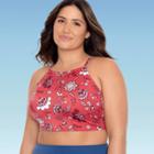 Women's Plus Size Slimming Control High Neck Lace-up Bikini Top - Beach Betty By Miracle Brands Red Floral