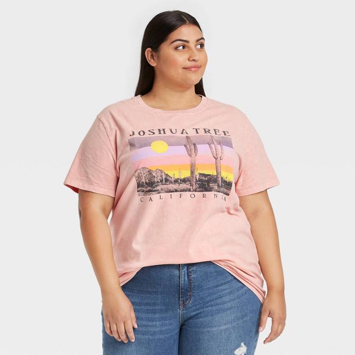 Zoe+liv Women's Plus Size Joshua Tree Photo Short Sleeve Graphic T-shirt - Blush 1x, Green/black