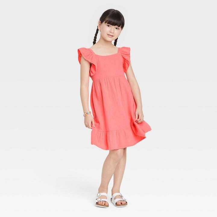 Girls' Gauze Flutter Sleeve Dress - Cat & Jack Coral
