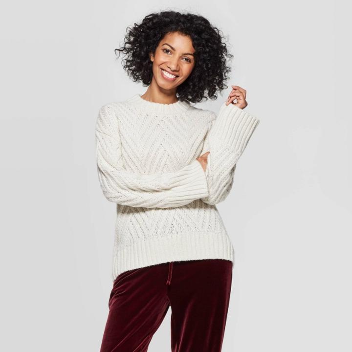 Women's Long Sleeve Crewneck Chevron Stitch Pullover Sweater - A New Day Cream L, Size:
