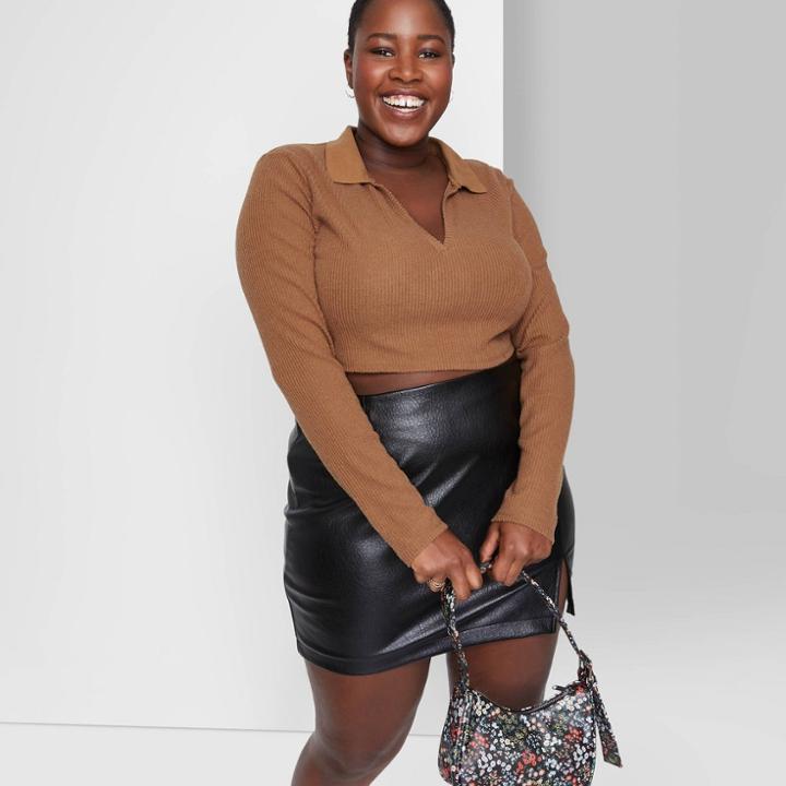 Women's Plus Size Long Sleeve Cozy Rib Tiny Polo T-shirt - Wild Fable Cognac