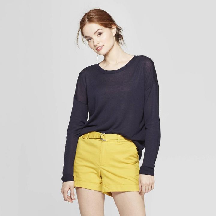 Women's Long Sleeve Crew Neck Pullover Sweater - A New Day Navy (blue)