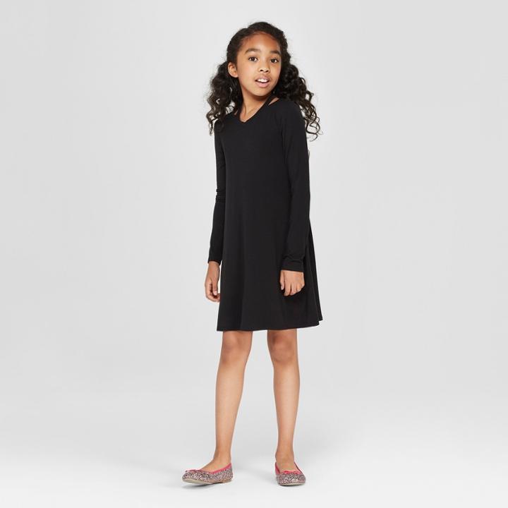 Girls' Long Sleeve Cold Clavicle A Line Dress - Art Class Black