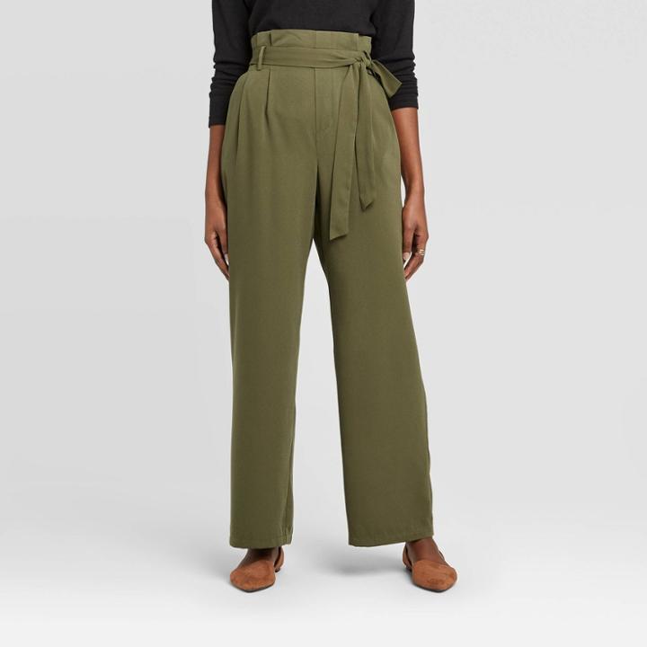 Women's High-rise Ankle Length Paperbag Pants - A New Day Green