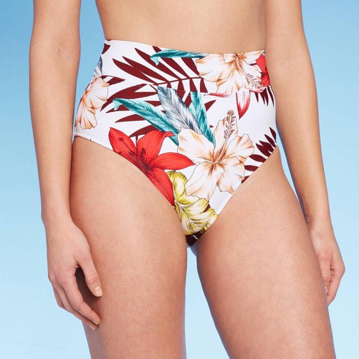 Women's Ribbed Medium Coverage High Waist Bikini Bottom - Kona Sol White Floral S, Women's, Size: Small,