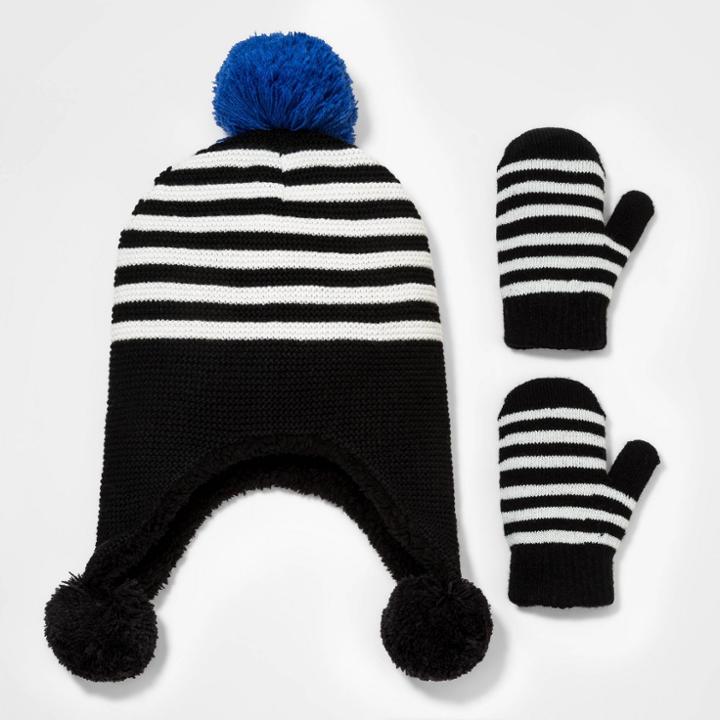 Toddler Boys' 2pk Knit Trapper With Mittens - Cat & Jack 2t-5t, Black/blue/green