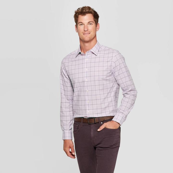Men's Plaid Standard Fit Long Sleeve Dress Button-down Shirt - Goodfellow & Co Lavender