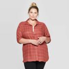 Women's Plus Size Plaid Long Sleeve Collared Button-down Tunic Shirt -ava & Viv Cinnamon 1x, Women's,