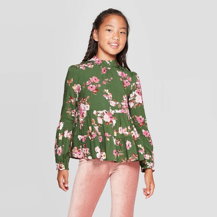 Girls' Long Sleeve Mock Neck Top - Art Class Green