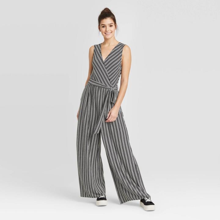 Women's Striped Sleeveless V-neck Wrap Knit Jumpsuit - Xhilaration Black/white