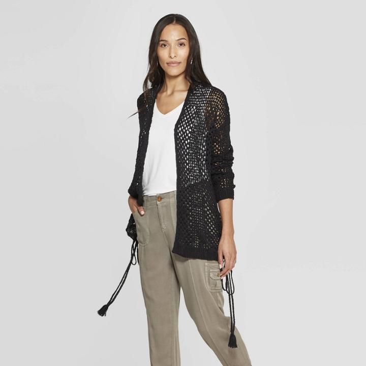 Women's Long Sleeve Open-front Cardigan With Side Ties - Knox Rose Black