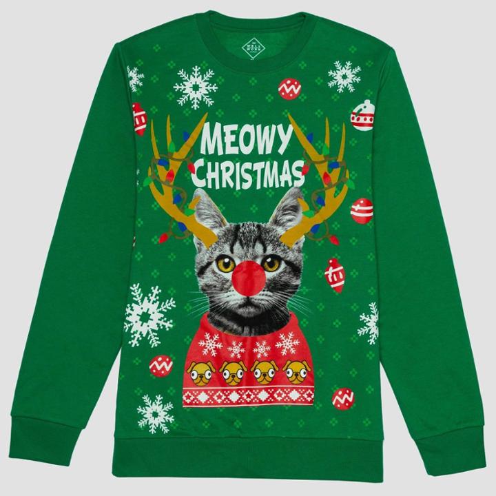 Well Worn Men's Santa Cat Fleece Sweater - Jitter Green M,