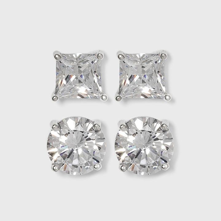 Sterling Silver Cubic Zirconia Duo Stud Earring Set 2pc - A New Day Clear
